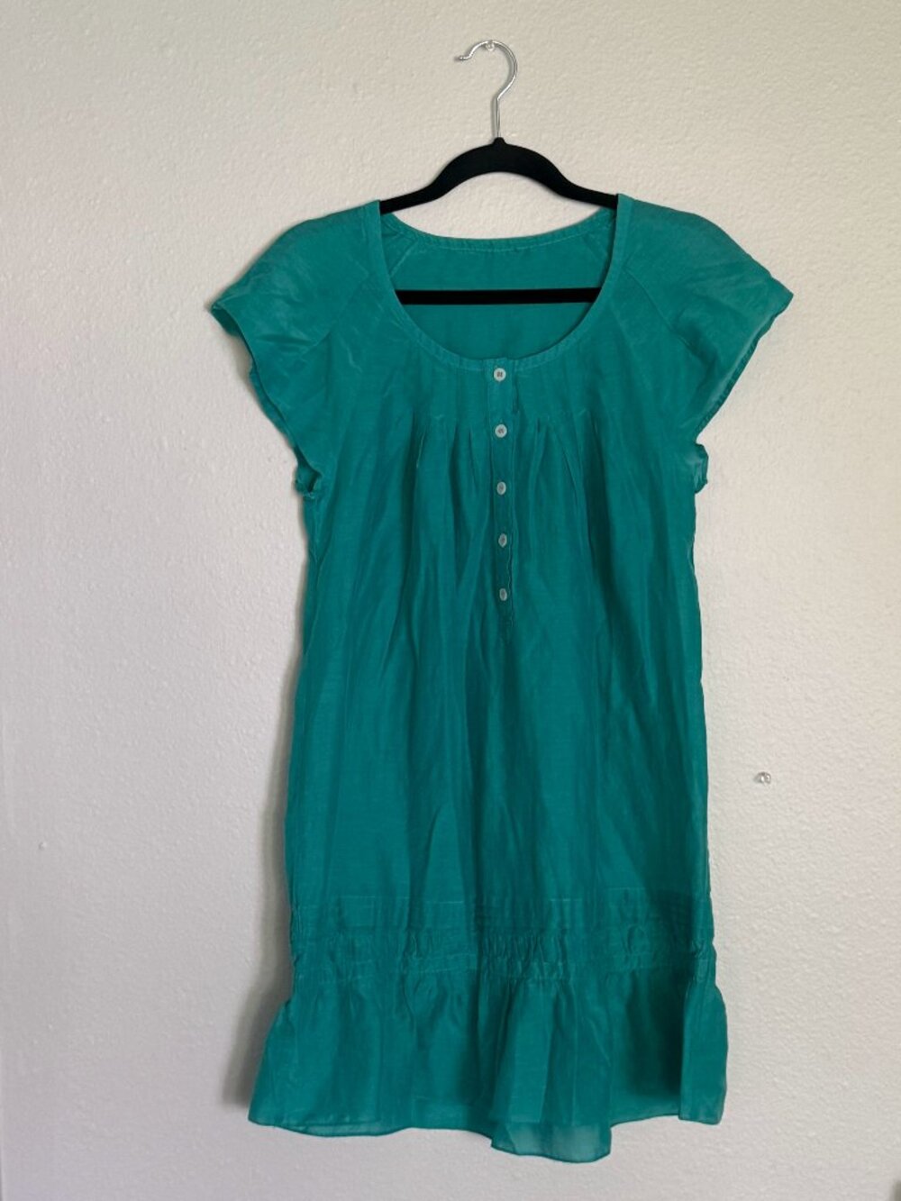 Turquoise Cotton Boho Tunic Dress Ruffle Cap Sleeve Henley Babydoll Mini Size XS